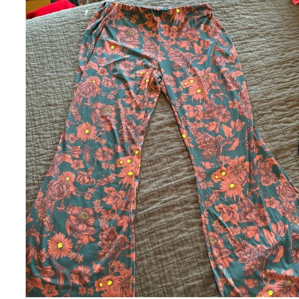 ZARA Women Floral Print Wide Leg Pants Green Coral Size L